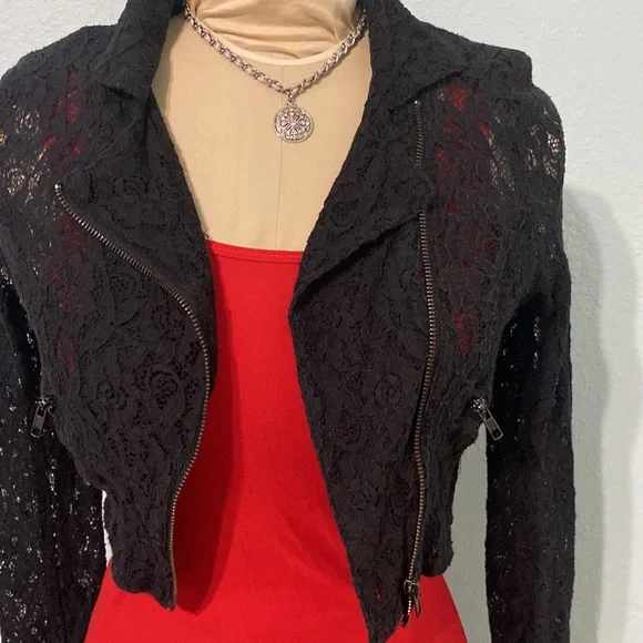 Vintage Black sheer Lace crop Biker style jacket size M - Picture 2 of 12